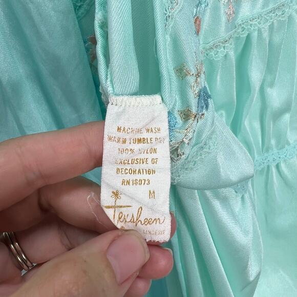 Vintage Texsheen Peignoir Nightgown Set Teal Blue Size M Shiny Long Floral 60/70 - Picture 7 of 14